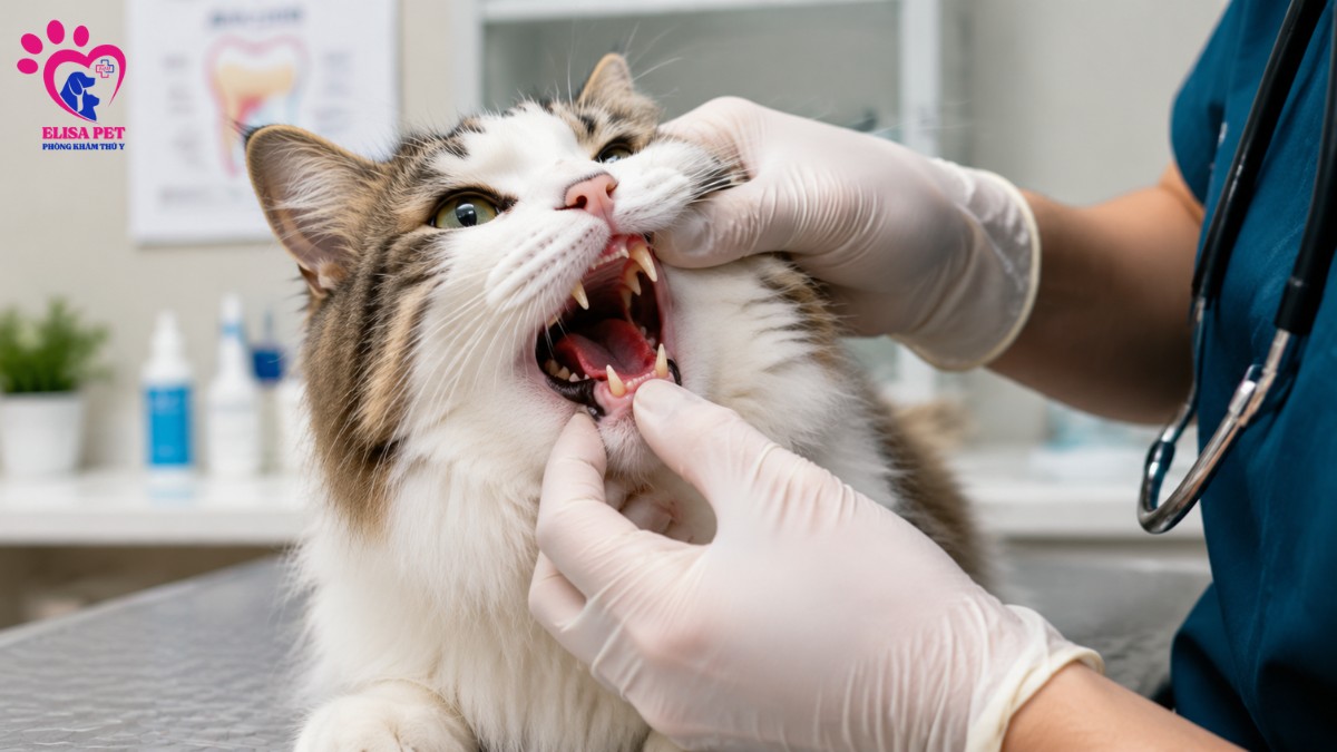 bác sĩ thú y ELISA PET kiểm tra miệng mèo điều trị lở miệng