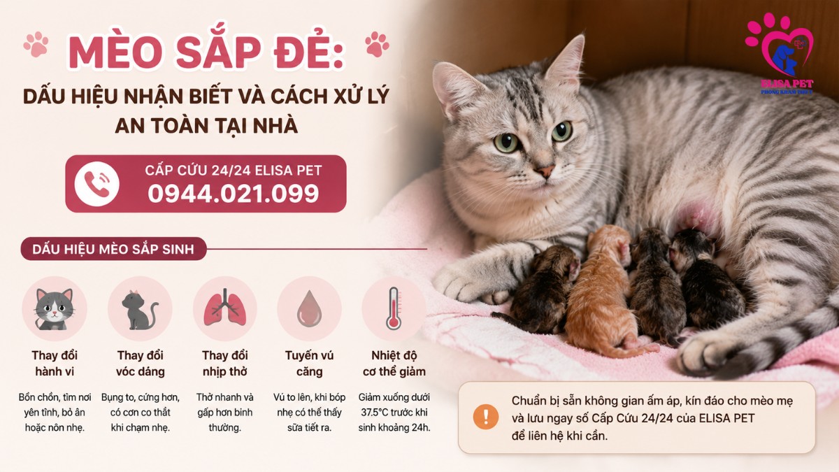 dấu hiệu mèo sắp sinh, mèo mang thai chuẩn bị đẻ