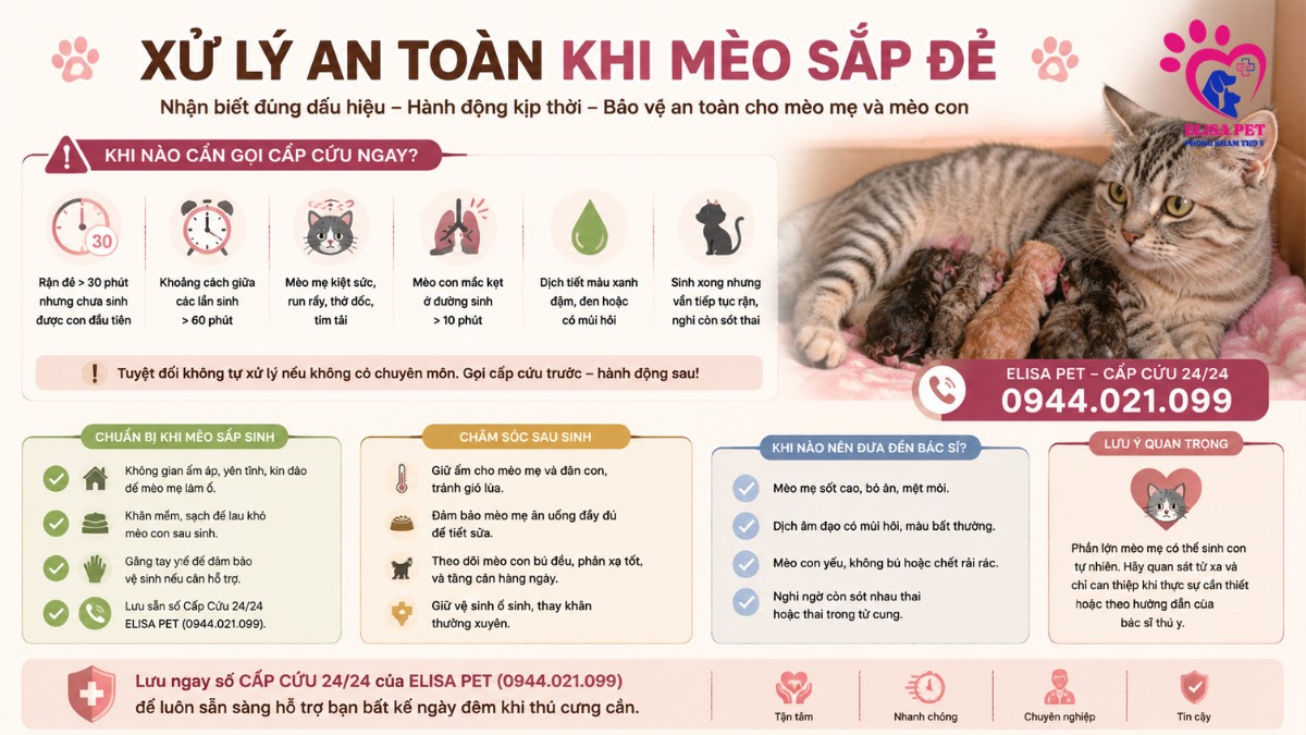 mèo sắp đẻ phải làm gì, xử lý mèo sinh khó tại nhà