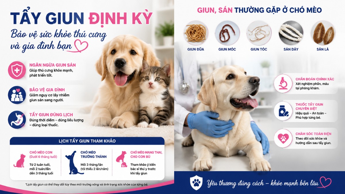 Lịch tẩy giun định kỳ cho chó mèo theo từng độ tuổi giúp phòng ngừa giun sán, bảo vệ sức khỏe thú cưng và hạn chế nguy cơ lây nhiễm sang người